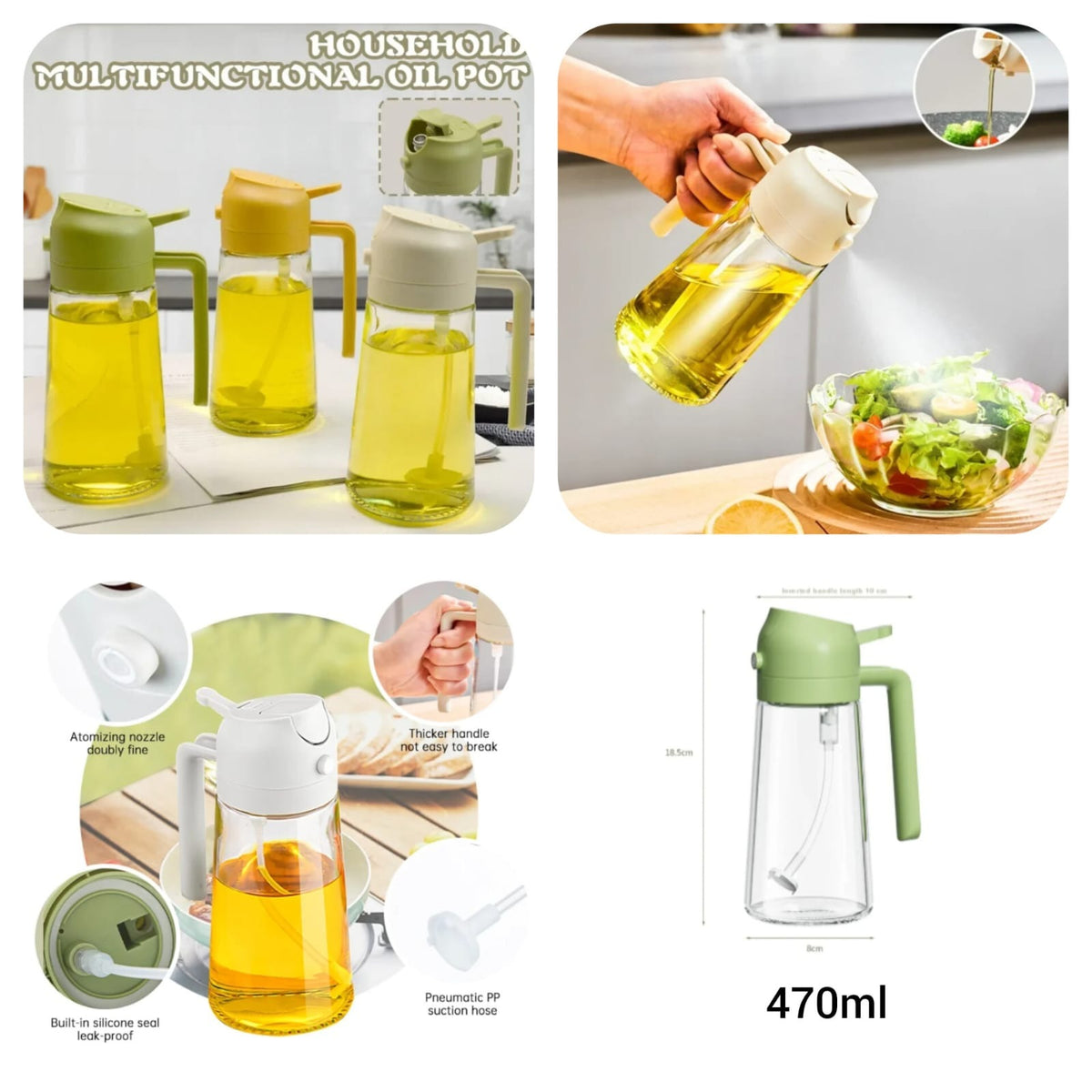 2-in-1 Oil Spray Bottle 470ml | Adjustable Mist Sprayer & Dispenser for Cooking