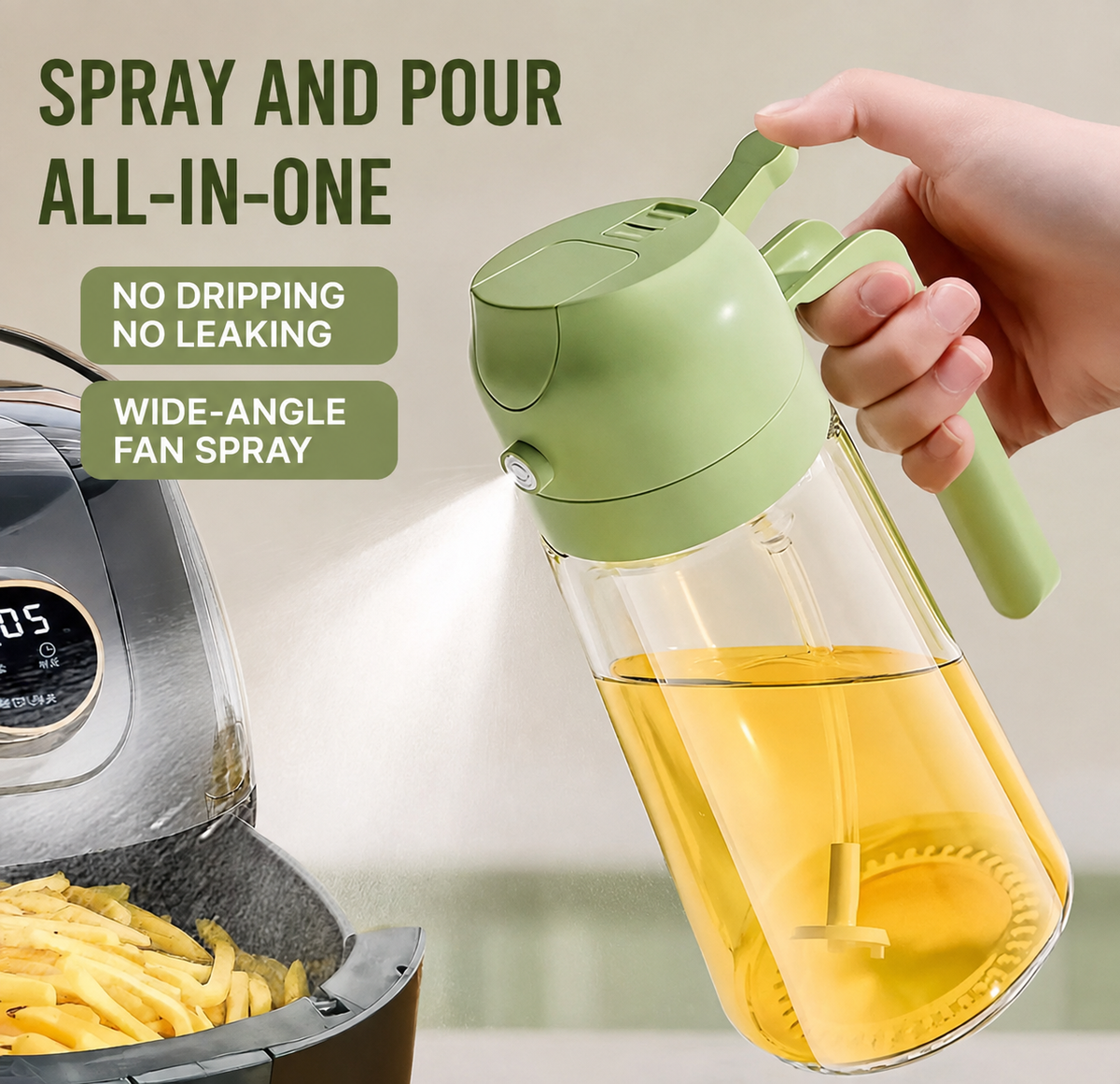 2-in-1 Oil Spray Bottle 470ml | Adjustable Mist Sprayer & Dispenser for Cooking